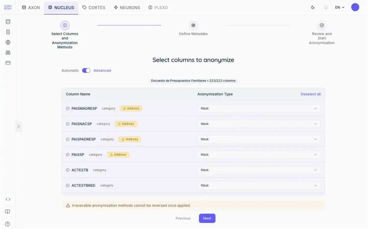 Configure the anonymization